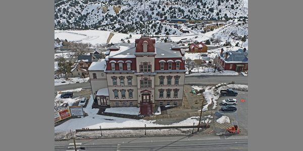 NDOM drone photo of the Historic Fourth Ward School Museum, in Virginia City. The museum teaches kids to Stay Out (of Abandoned Mines) and Stay Alive. (03/03/2021)
