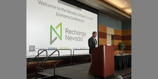 Administrator Ghiglieri giving a welcome speech on the second day of the Recharge Nevada, Nevada Lithium Circular Economy Conference at the University of Nevada. April 8-9, 2024.
